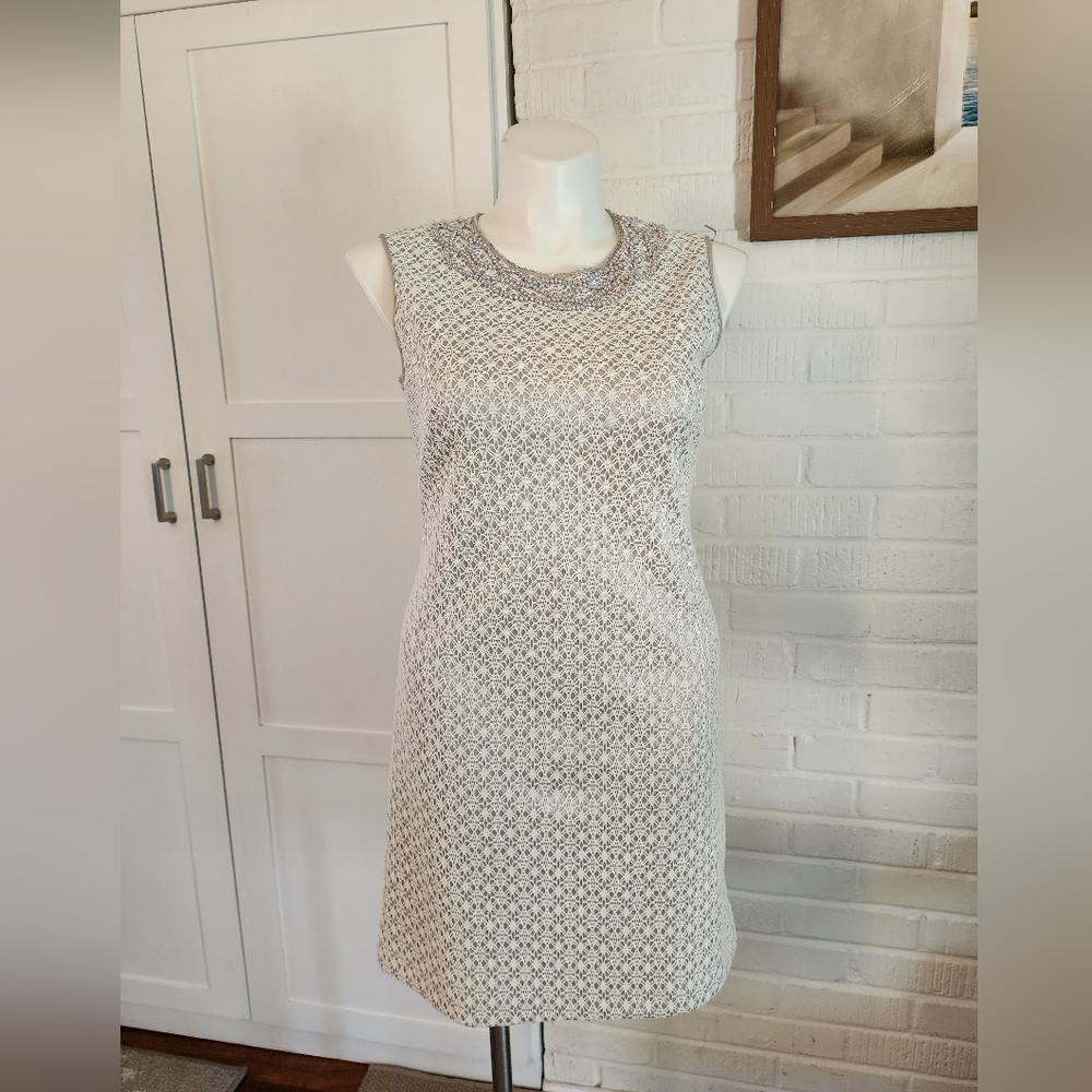 Adrianna Papell Lace Sheath Dress Pearl Beaded Neckline Size 10 Wedding Guest
